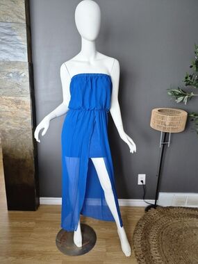 Strapless Royal Blue Sheer High-Slit Maxi Dress